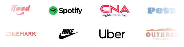 Logotipos de marcas conhecidas: iFood, Spotify, CNA, Petz, Cinemark, Nike, Uber e Outback Steakhouse
