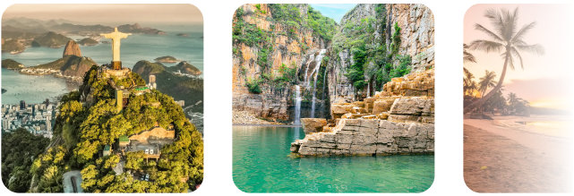 Três paisagens turísticas do Brasil: à esquerda, o Cristo Redentor no Rio de Janeiro com vista aérea da cidade; ao centro, uma cachoeira com águas esverdeadas e formações rochosas; à direita, uma praia tropical com palmeiras ao entardecer